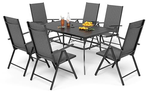 PHI VILLA Gartenmöbel Set Balkonmöbel Gartentisch mit Stühlen152×90 Metall Gartentisch 7-Fach Verstellbar Hochlehner Klappbar Sets of 6, Terassenmöbel Außen Wetterfest Schwarz