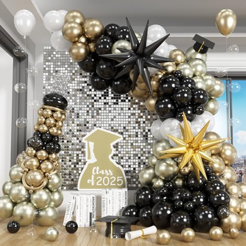 HILAVO Black and Gold Balloon Arch Kit Graduation Balloons Garland Explosion Star Balloons Black Pearl White Champagne Gold Balloon for Grad Class of 2025 Decor Birthday Retirement Baby Shower Party