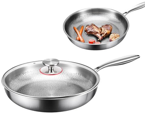 Padella Pro in titanio martellato con coperchio, resistente ai graffi, antiaderente in titanio Nutr-i, per cucinare | Pentole ispessite ultra resistenti per piano cottura a induzione e