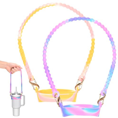 M METERXITY 2-PackWater Bottle Handle, 15.7 Inch Silicone Portable Water Bottle Sling Carrier, Holder with Straps for Stanley Cup/Most 8-40oz Cups Accessories [Pink Blue/Yellow Pink]
