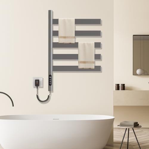 Handtuchheizkörper Elektrisch 660 * 420mm, 180°-Drehung Badheizkörper Handtuchtrockner Elektrisch mit Zeitsteuerung und Temperaturregelung, 82w Elektrischer Handtuchheizkörper (Grau)