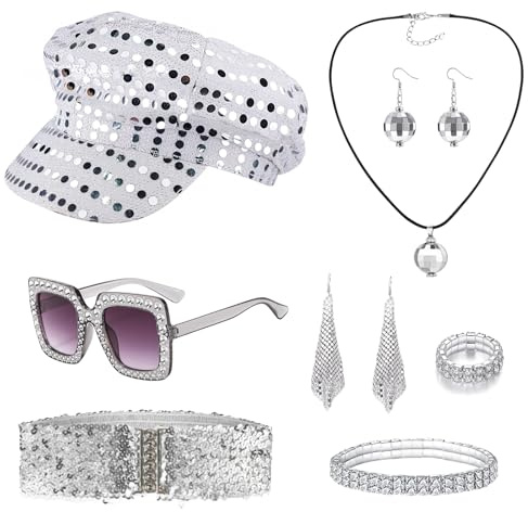 Carreuty 8 Stück 70er Jahre Disco Zubehör，70s Disco Outfit Damen mit Modische Glitzer Hut Sonnenbrille Ohrringe Armband Gürtel Ring Disco Retro Kostüm für Karneval Halloween Thema Party Hippie Kostüm