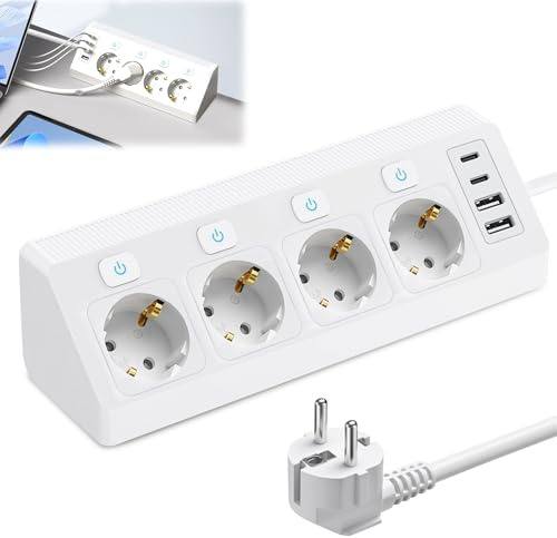 Regleta con 2 USB y 2 Type-C, 4 enchufes de esquina con interruptor, regleta con protección contra sobretensiones, enchufe de mesa de 2 m de cable, para cocina, escritorio y oficina
