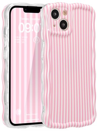 ZCDAYE for iPhone 14 Case Wavy Edge Phone Case Pink Stripes | Cute Pretty Aethetic Pattern Printed Women Girly Cases, Full Camera Protection, Comfy Soft Phone Cover for iPhone 14