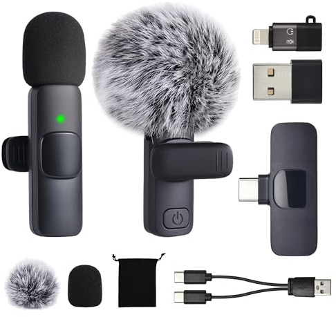 Microfono Wireless per Video Social iPhone Android Telefono Tablet iPad PC, 2 Mini Mic Lavalier USB C/A/Lightning per Podcast Vlogging YouTube TikTok Interviste Creatori di Contenuti, Nero
