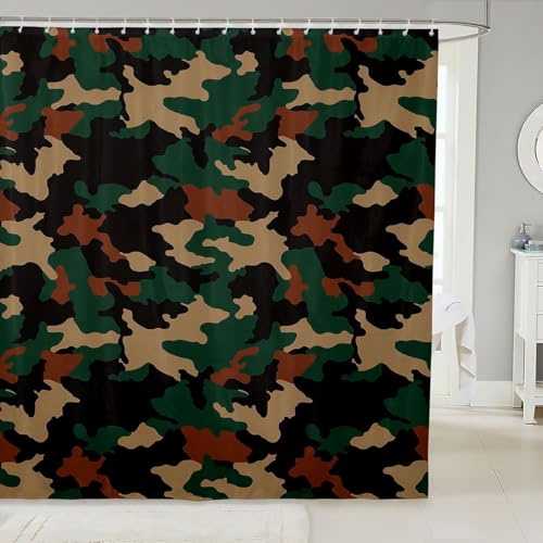 Homewish Armee Camouflage Duschvorhang 180x210 Grün Braun Schwarz Camo Shower Curtains Militärisches Thema Badevorhang für Kinder Jungen Teen Abstract Badezimmer Vorhang