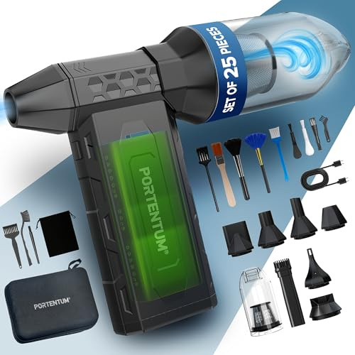 PORTENTUM 3 in 1 Staubgebläse als Druckluftspray 180 km/h – Handstaubsauger Akku 25 kPa – Doppel-LED-Taschenlampe – Set aus 25 Teilen mit 6 Düsen und 13 Bürsten – Air Duster bis zu 115 Min