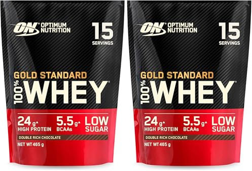 Optimum Nutrition Gold Standard 100% Whey Muscle Building and Recovery Protein Powder with Naturally Occurring Glutamine and BCAA Amino Acids, Double Rich Chocolate Flavour, 15 Servings, 465 g