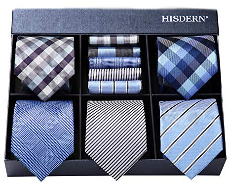 HISDERN Herren Krawatte Einstecktuch Set Lot 5-teilig Klassische Krawatten für Herren Hochzeit Seidenkrawatte und Taschentuch mit Geschenkbox