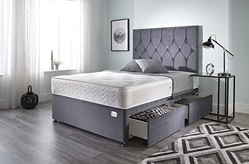 Bed Centre Ziggy Grey Plush Divan Bed Set – King (150×200 cm) with 24cm Memory Foam Mattress, 2 Same‑Side Drawers & Headboard | Orthopaedic Medium‑Firm Support | UK Made