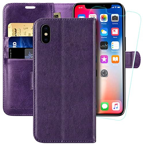 MONASAY iPhone XS Wallet Case/iPhone X Wallet Case,5.8-inch [Glass Screen Protector Included] Flip Folio Leather Cell Phone Cover with Credit Card Holder for Apple iPhone XS/X,Purple