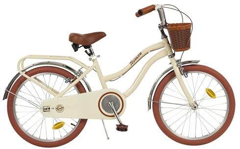 Toimsa Vintage 20 inch Kids Bike/Bicyle with a retro look rear carrier rack and front wicker style basket and training wheel stabilisers, 7-9 Years, Beige and Brown