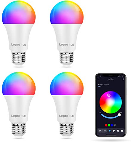 Lepro Bombilla Colores LED, Bombilla Regulable E27 RGBW (2700K-6500K) 9W,LED Cambio de Color con Contol Bluetooth para Decoración, Bar, Fiesta (paquete de 4)