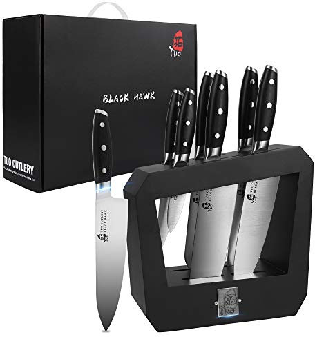 TUO Kitchen Knife Set with Wooden Block, Knife Block Sets 7 Piece Professional Full Tang Handle with German High Carbon Stainless Steel - Black Hawk Series