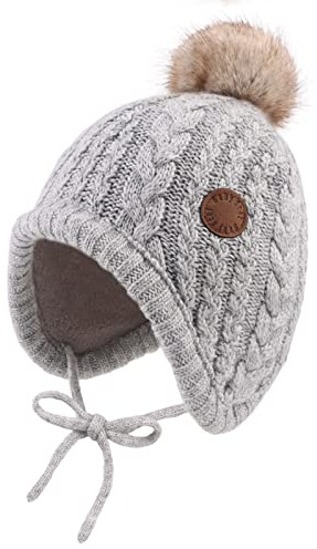 XIAOHAWANG Cappello Invernale per Neonati con Fodera in Velluto per Bambini Beanie per Bambini Earflap Caldi Cappelli per Bambino per Ragazze con Pompon (Grigio, 18-36 Mesi)
