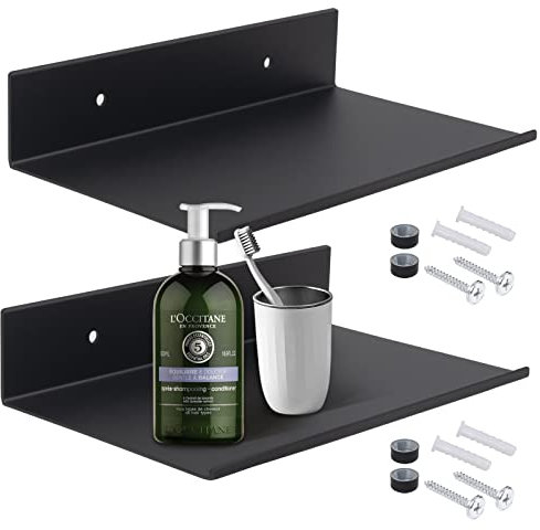 Swetup Tablette Flottante Noire, 2 Pièces 20 cm Étagères Murales en Métal, Petite Etagere Murale, Tablette Salle de Bain, Charge Maximal 10 Kg avec Trous et Vis pour Cuisine, Chambre, Salon, Bain