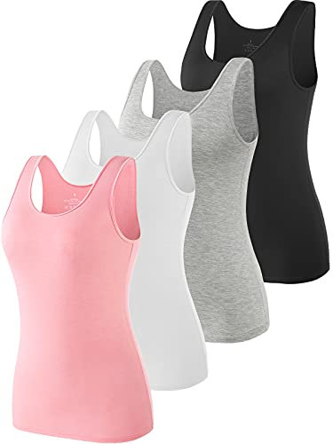 vislivin Elastische Tank Tops für Damen Unterhemden 4er Pack Schwarz/Grau/Weiß/Rosa L