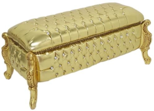 Casa Padrino Barock Sitzbank/Truhe Gold Lederoptik/Gold - Gepolsterte Massivholz Bank mit Glitzersteinen - Möbel im Barockstil