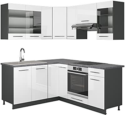 Vicco Eckküche Fame-Line, Weiß Hochglanz/Anthrazit, 160 x 190 cm ohne Arbeitsplatte
