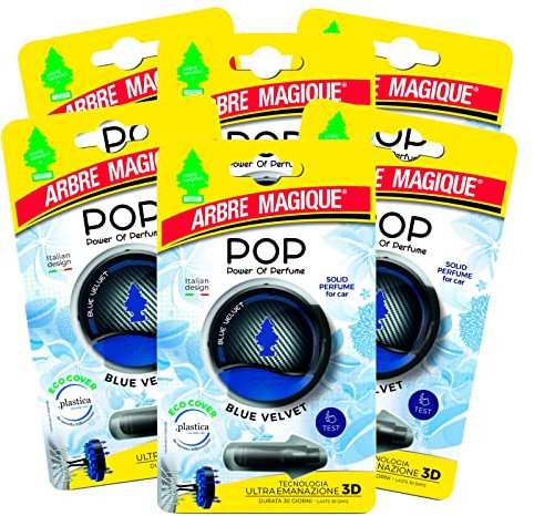Arbre Magique Pop Auto-Lufterfrischer, fester Duft Blue Velvet, warmer und entspannender Duft, hält bis zu 30 Tagen, italienisches Design, Packung mit 6 Stück