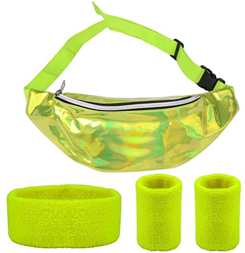 Gürteltasche Damen Grün PU Bauchtasche Wasserdicht Hüfttasche Verstellbarer Schultertaschen mit Fluoreszierend Farbe Armbänder und Stirnband für 80er 90er Kostüm Party Fasching Karneval usw.