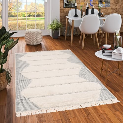In- und Outdoor Teppich mit Fransen Wohnzimmer Terrasse Shaggy Flachgewebe Sylt Creme Grau Trend in 5 Größen