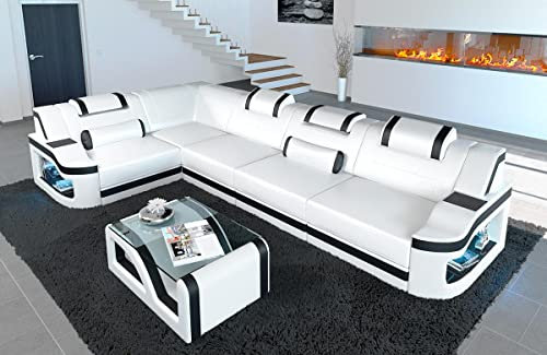 Ecksofa Padua Ledersofa L Form Sofa - mit LED Beleuchtung, verstellbare Kopfstützen, Recamiere/Lederfarben wählbar/Ausrichtung wählbar (Ecke Links, Weiß-Schwarz)