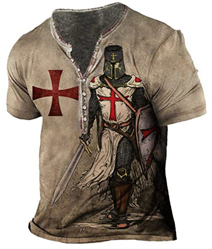 Herren Distressed Henley Shirt Tempelritter 3D gedruckt Kurzarm T-Shirts Vintage Casual Sport T-Shirt Tops