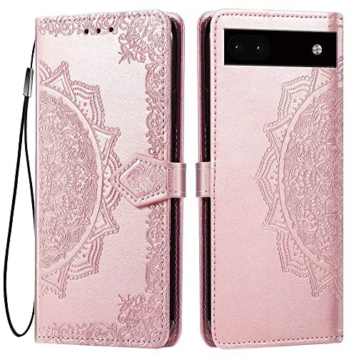 HONLEN Cover for Google Pixel 6A (6.1 Inches) Premium PU Leather Wallet Flip Magnetic Closure Case, Mandala Embossed Design with 3 Card Slot, Stand Case Rose Gold