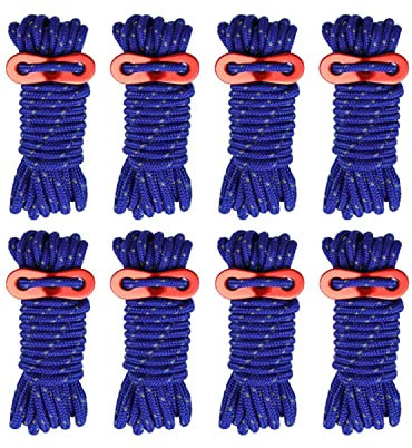 Smithok 8 Pack 4mm Guy Lines Ultralight Tent Cords with Aluminum Adjuster Tensioner Outdoor Camping Guylines Ropes for Tent Tarp,Climbing,Hiking Backpacking (Blue)