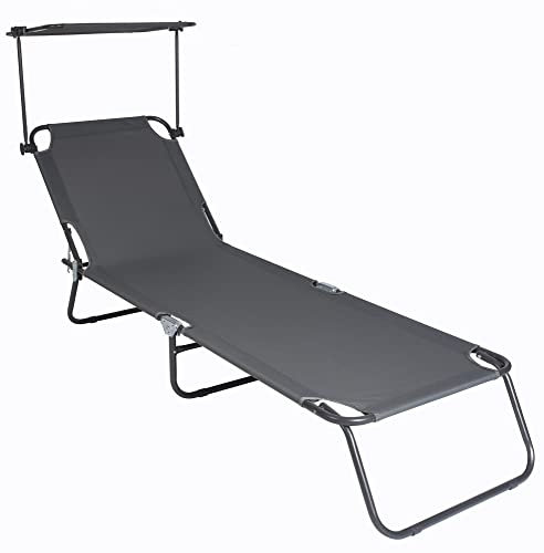 VCM Sonnenliege klappbar | Gartenliege faltbar, leicht und kompakt | Liegestuhl für Balkon, Strand und Camping mit verstellbarem Sonnendach | Grau