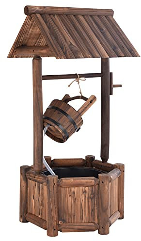 GOPLUS Fountaine Décoration pour Jardin Extérieur en Bois de Sapin, Pompe Électrique, 58,5 x 51 x 117 CM, Marron Rustique