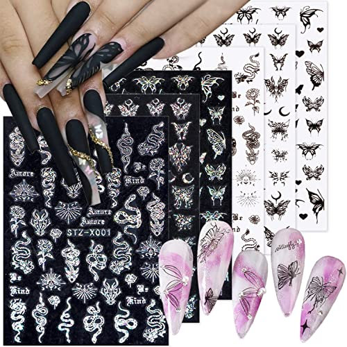 Taicols 6 Blatt 3D Design Nagel Sticker, Schmetterling Nagelsticker Selbstklebend Laser Silber Schmetterlings Nagelaufkleber Aurora Silber Schwarz Schmetterlinge Nagel Stickers DIY Nageldesign
