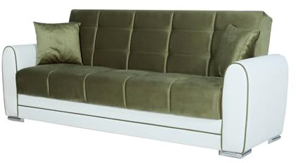 Dmora - 3-Sitzer Schlafsofa Luis, Sofa mit Stauraum aus Öko-Leder und Stoff, Wohnzimmersofa mit klick-Klack-Öffnung, 220 x 84 x 91 cm, Weiß und Grün