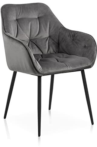 KHG Esszimmerstuhl Polsterstuhl Küchenstuhl Wohnzimmer-Sessel mit Armlehnen grau Samt - Metallbeine schwarz, Rückenlehne, Sitzfläche und Armlehnen gesteppt - Design Stuhl Sitzhöhe 47 cm