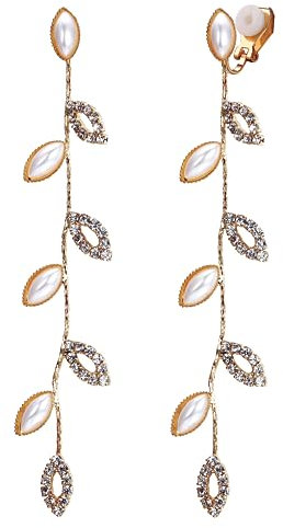 Adramata Perlen Ohrclips für Damen Lange Baumelnde Perlen Clip Ohrringe Silber Tropfen Perlenohrringe Hochzeitsohrringe Ohrclips Damen Ohne Ohrlöcher,1