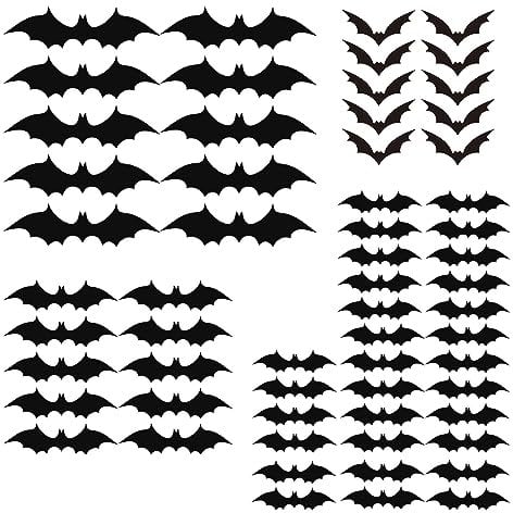 HLIWS 60 Pcs Halloween Decorations - Bats Wall Decor Sticker, PVC Bat Stickers, 4 Different Sizes, Halloween Scary Bats, for Home Window, Party, Room Decor (with Double Sided Foam Tape)