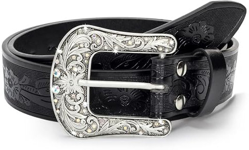 Eohak Westerngürtel für Damen, Cowgirl, PU-Leder-Taillengürtel mit Vintage-geschnitzter Schnalle und Spitzen, für Jeans, Hosen, Kleider, Glänzend - Schwarz, M