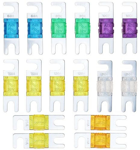 eMagTech Lot de 16pcs Mini Fusible Électronique ANL 20A 30A 40A 60A 80A 100A 120A 150A DC 32V pour Système d'énergie Marine Véhicule Hybride Électrique Autoradio Moteur à Courant Continu