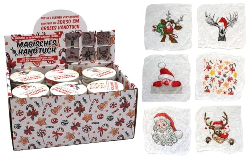 Annastore 12 x Magische Handtücher mit Nikolaus und Rentier 30 x 30 cm