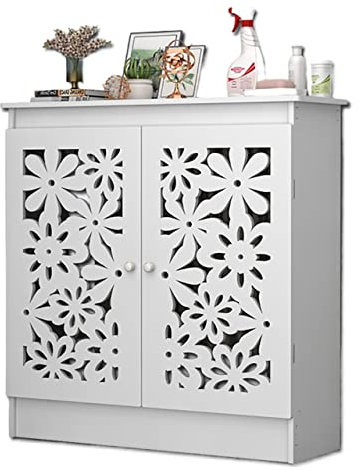 Elegant Double Door Radiator Cover with Hollow Carved Design - Waterproof PVC Wall Cabinet Shelf - Breathable Slatted Grill - White (Size: 80 * 70 * 20cm)