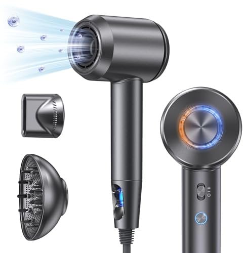 llano Ionen Haartrockner Schnelltrocknender Föhn mit Diffusor 100 Millionen Negative Ionen Hair Dryer 19m/s Luftstrom Bürstenloser Motor, 5 Hitze- und 2 Geschwindigkeitsstufen(perlgrau)
