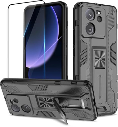 Btstring Funda para Xiaomi 13T / Xiaomi 13T Pro 5G con Cristal Templado Protector Pantalla, Carcasa Protectora Antigolpes con Soporte Reforzado, Negro