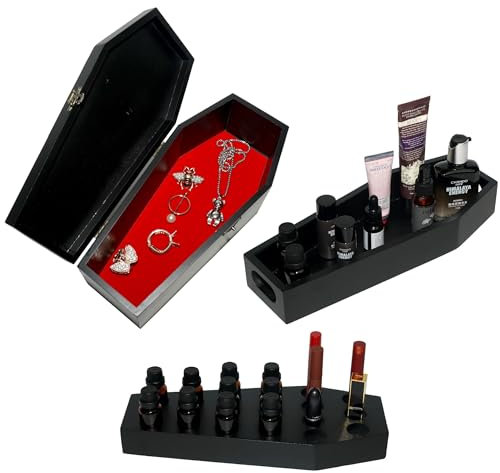 Gothvanity Sarg-Box-Sets, 3 Stück, Sarg-Make-up-Organizer-Sets, einschließlich Sarg-Schmuckschatulle, Sarg-Tablett und Sarg-Lippenstift-Halter, Sarg-Schmuckschatulle-Sets, Sarg-Aufbewahrungskoffer,