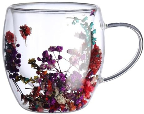 BestAlice Tasse à Café en Verre à Double Paroi, Tasse en Verre Isolée, Fleurs Séchées Esthétiques, Tasse à Latte Transparente avec Poignées, Tasse à Café en Forme de Fleur pour(250ML)