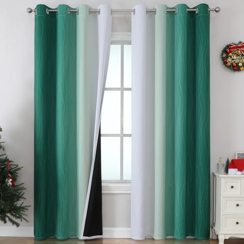 VEHEDE Ombre Farbverlauf Thermovorhang Kälteschutz Warm Hitzeschutz Gardinen mit Ösen Wohnzimmer, Vorhänge Blickdicht, Schallschutz Verdunklungsvorhänge, H 214 x B 132 cm, Dunkelgrün und Weiß, 2er Set