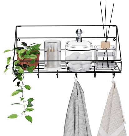 Honsdom Estantería de Pared, Estante Flotante con 6 Ganchos, 2 Opciones de Montaje, Estante de Pared Plegable Decoración del Hogar para Oficina, Sala de Estar, Dormitorio, Baño, Cocina (Negro)