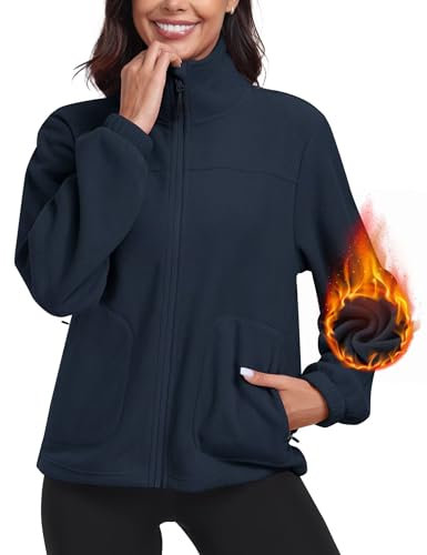 MoFiz Fleecejacke Damen mit Reißverschluss Stehkragen Damenjacke ohne kapuze outdoor zum Laufen Leichte Fleece Sweatjacke für Wandern und Freizeit Navy Blau EU M