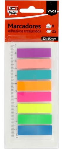 Fixo Notes, 200 Marcadores Adhesivos Colores Surtidos con Regla 12cm, PET Tráslucido, Tamaño 12x45mm, Puedes Escribir con Lápiz y Boli, Resistentes al Agua, Perfecto Material Escolar
