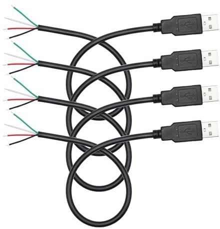 4Pcs Short USB A Male to 4 Pin Bare Wire 11inch, 22AWG 5V/3A USB A Male Plug 4 Pin Pigtail Wire Open End Power and Data Cable, for USB Type A Equipment Installed or Replacement Repair DIY Cable